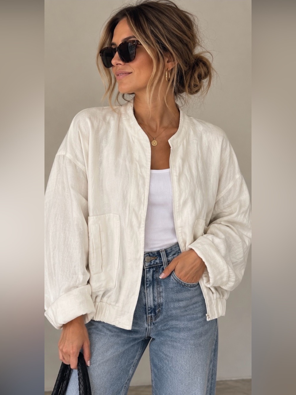 Zara Lightweight Linen blend Cream Bomber Jacket Oversized Size Medium